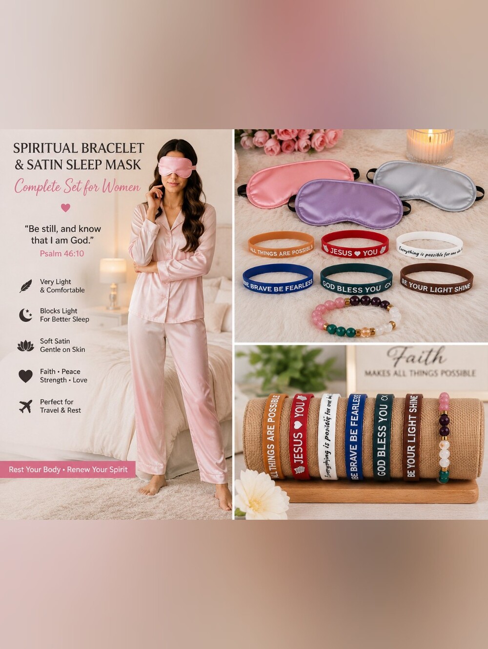 Women’s Faith Gift Set – 7 Inspirational Bracelets + 3 Satin Sleep Masks